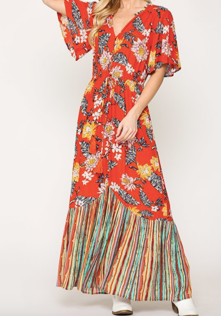 Floral and Stripe Button Maxi Dress